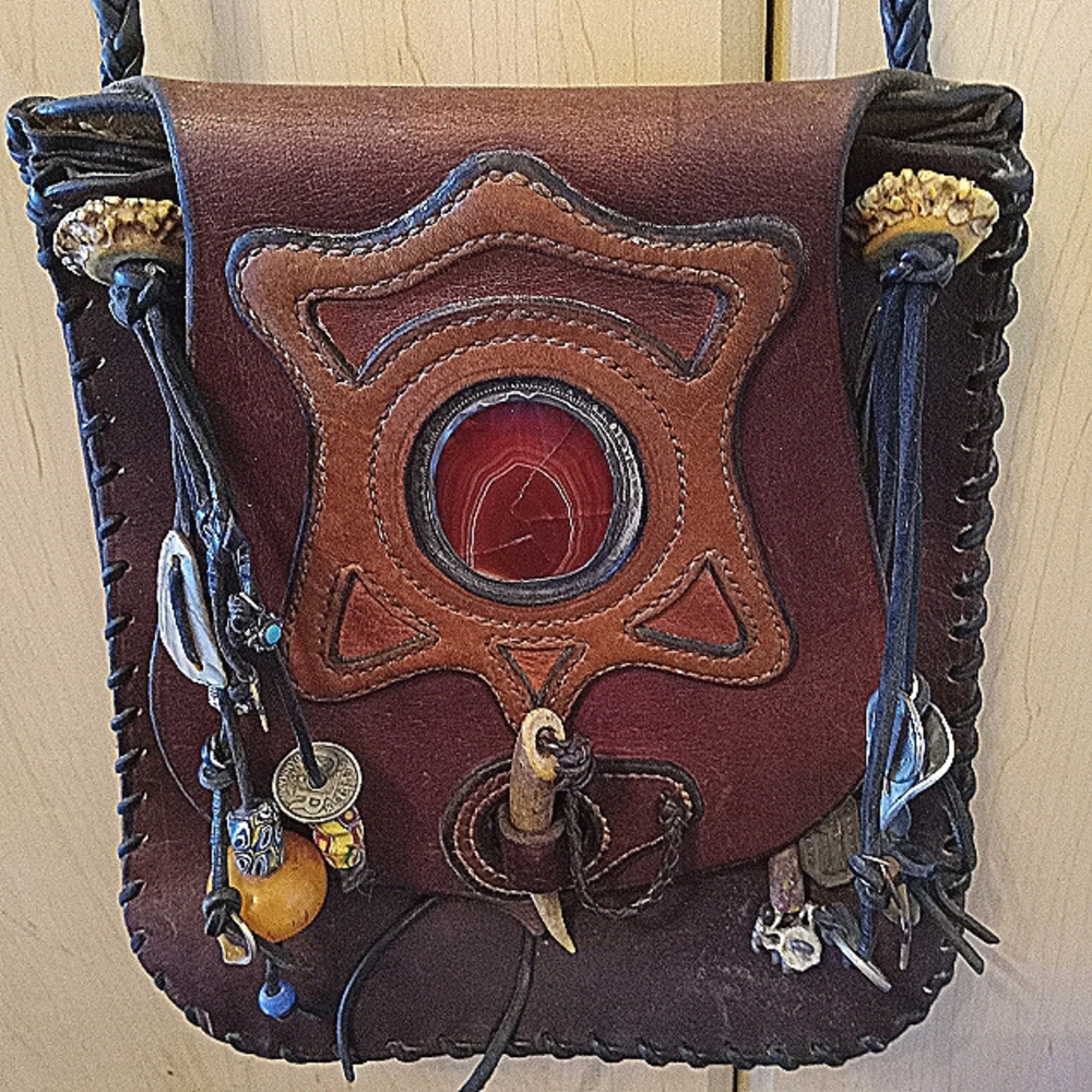 Hand made Bohemian Leather bag with genuine Agate accent, deer horn closure